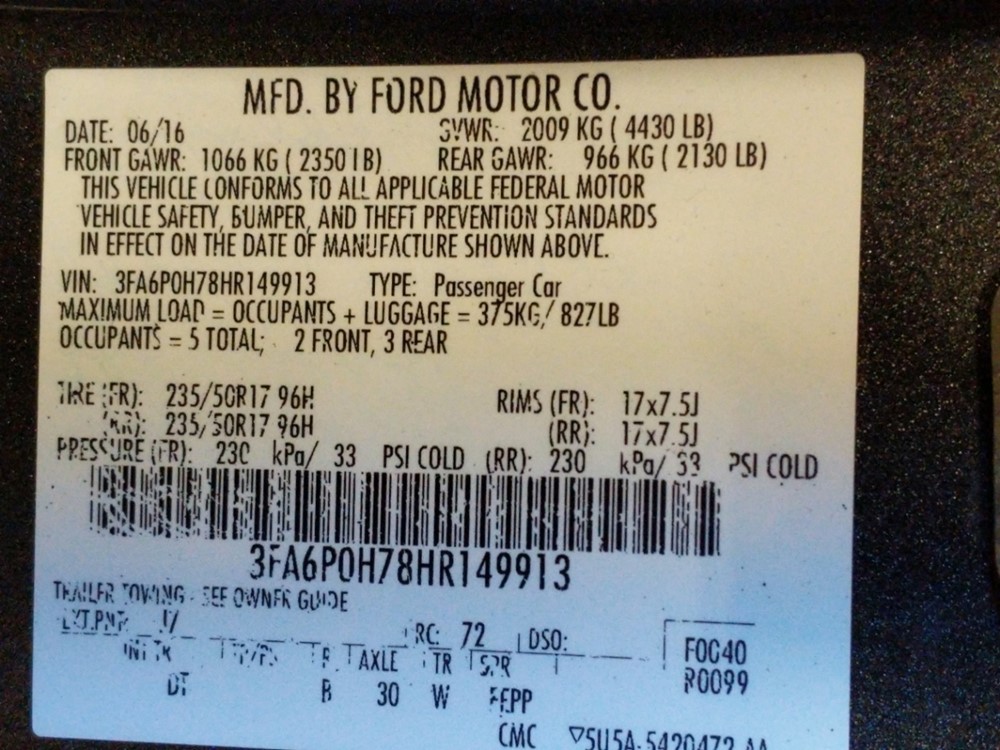 2017 Ford Fusion - VIN Plate