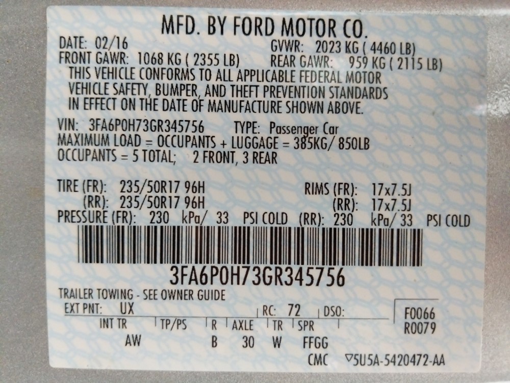 2016 Ford Fusion - VIN Plate