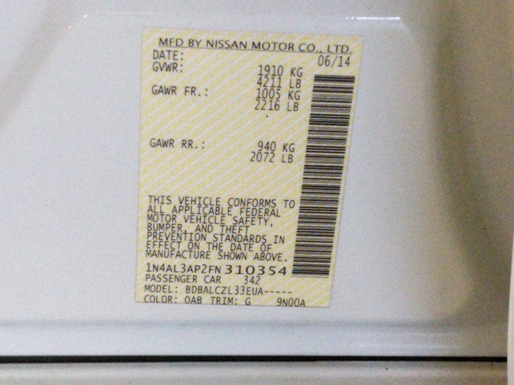 2015 Nissan Altima - VIN Plate