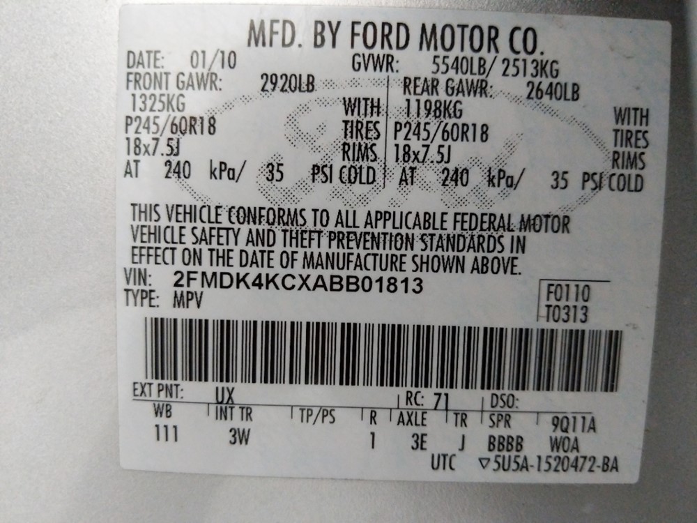 2010 Ford Edge - VIN Plate