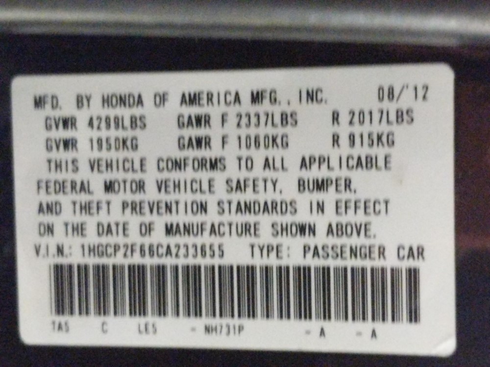 2012 Honda Accord - VIN Plate