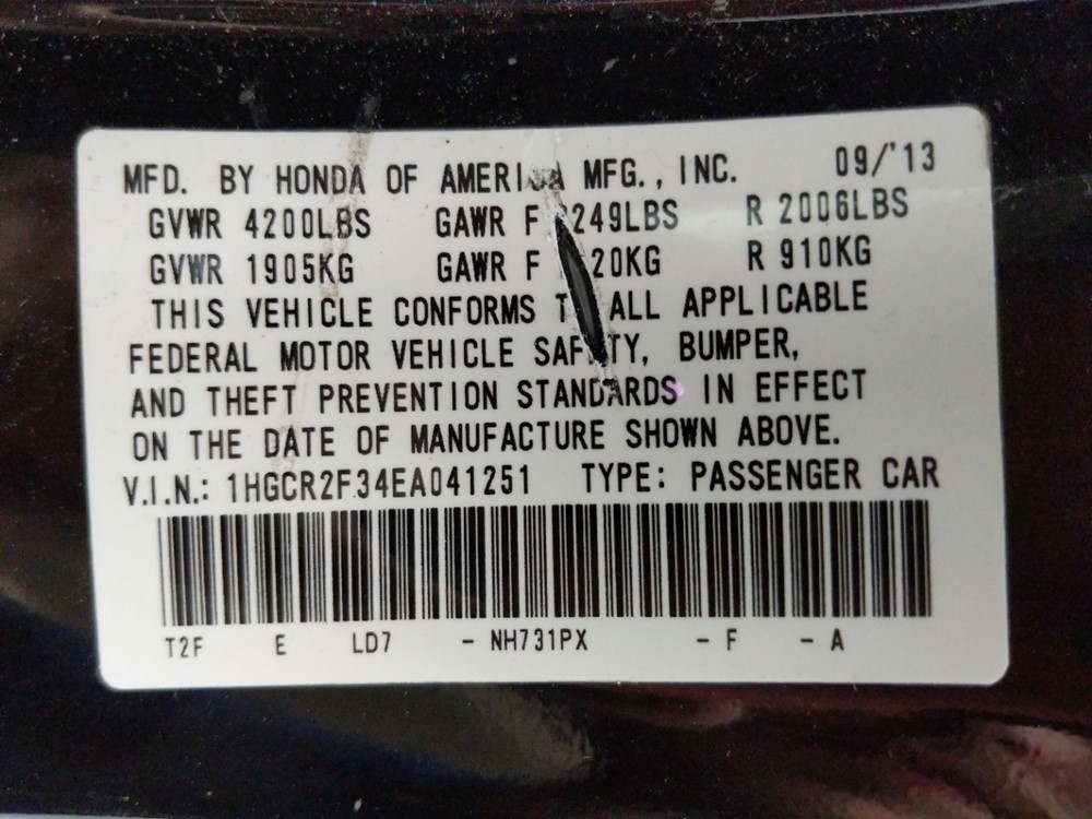 2014 Honda Accord - VIN Plate