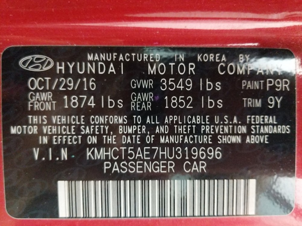 2017 Hyundai Accent - VIN Plate