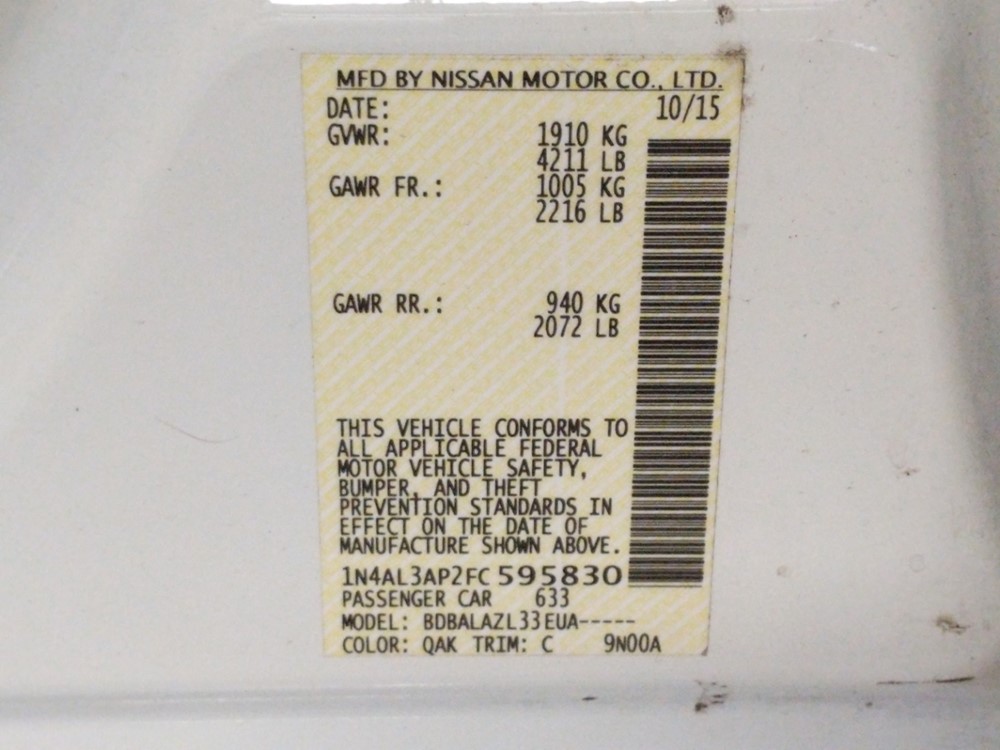 2015 Nissan Altima - VIN Plate
