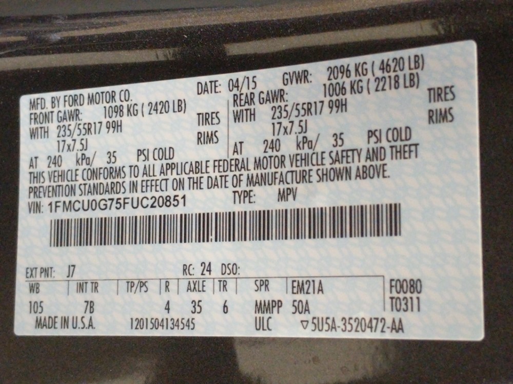 2015 Ford Escape - VIN Plate