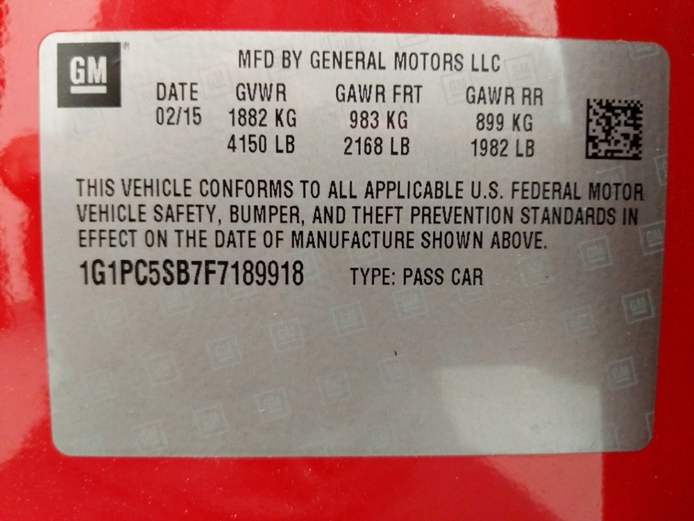 2015 Chevrolet Cruze - VIN Plate