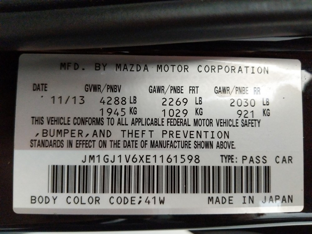 2014 Mazda Mazda6 - VIN Plate