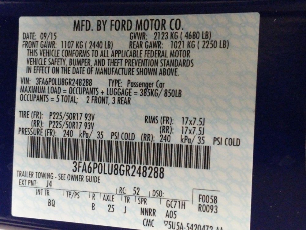 2016 Ford Fusion - VIN Plate