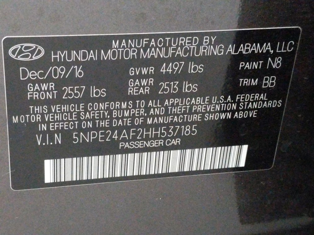 2017 Hyundai Sonata - VIN Plate