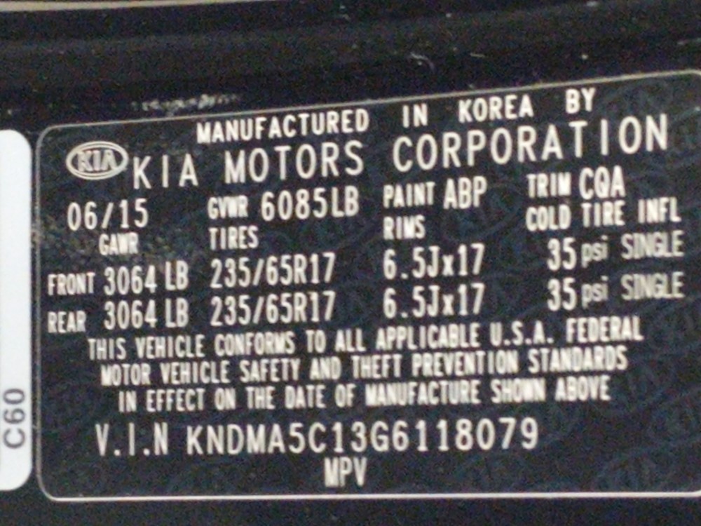 2016 Kia Sedona - VIN Plate