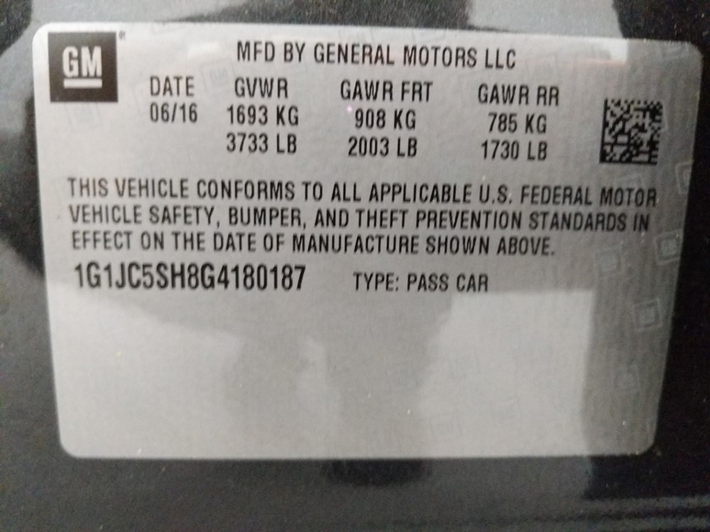 2016 Chevrolet Sonic - VIN Plate