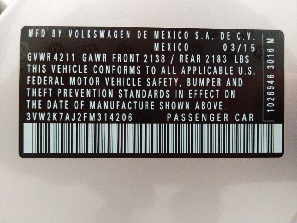 2015 Volkswagen Jetta - VIN Plate