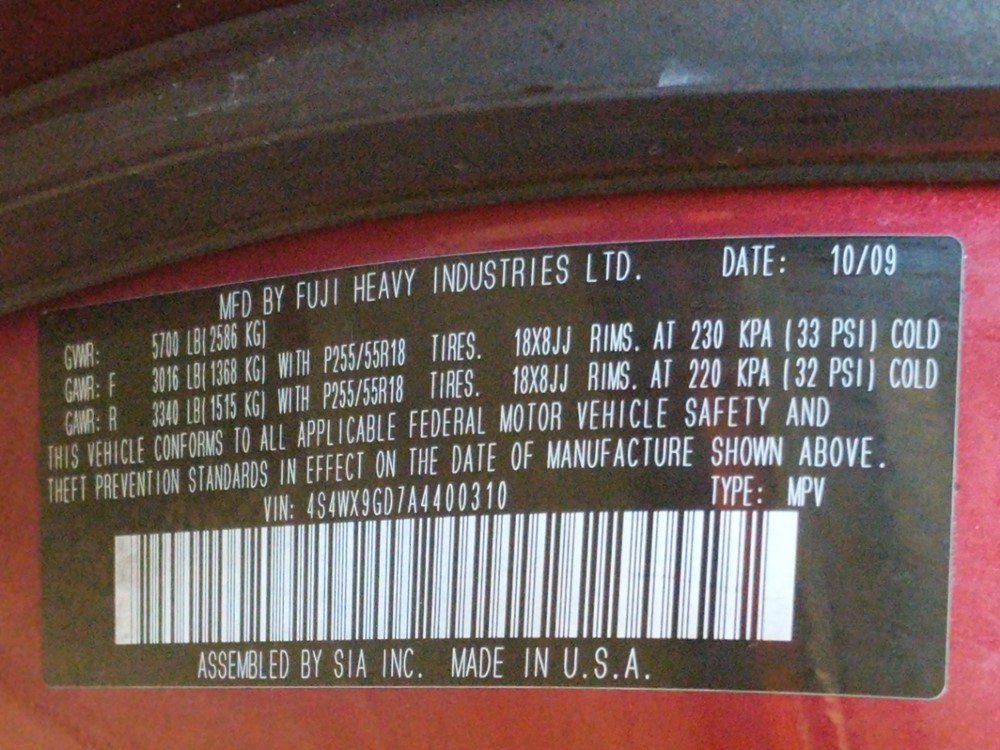 2010 Subaru Tribeca - VIN Plate