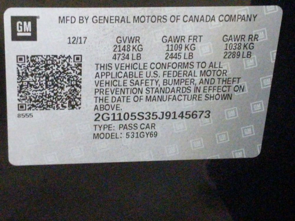 2018 Chevrolet Impala - VIN Plate