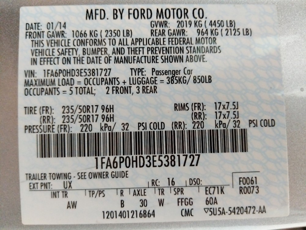 2014 Ford Fusion - VIN Plate