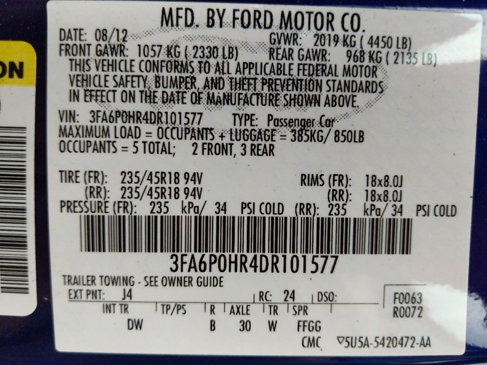 2013 Ford Fusion - VIN Plate