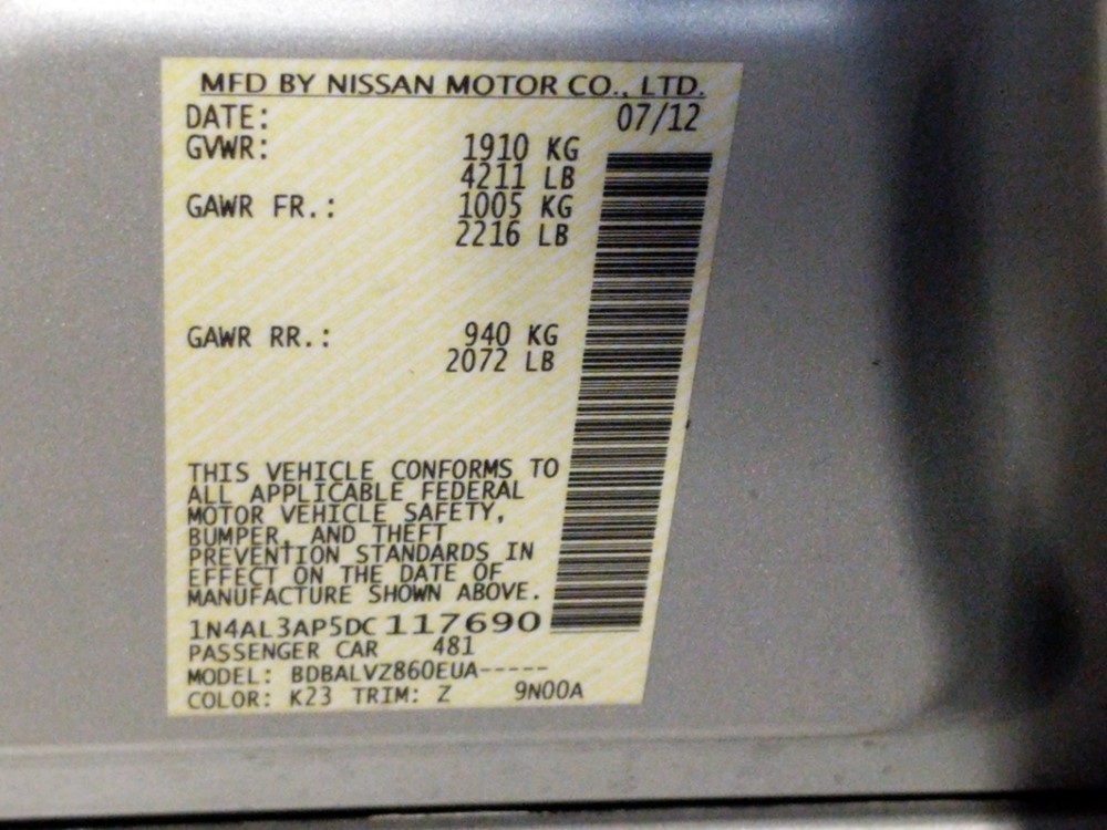 2013 Nissan Altima - VIN Plate