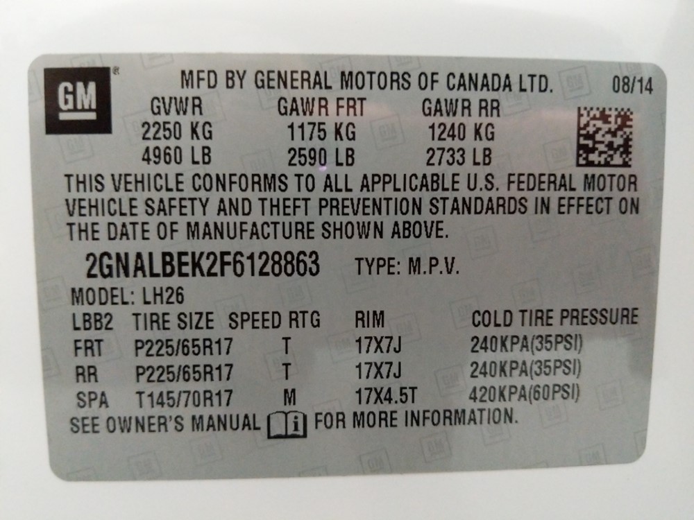 2015 Chevrolet Equinox - VIN Plate