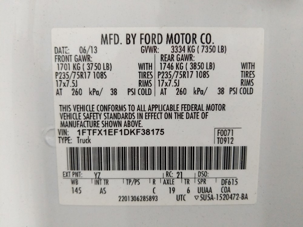 2013 Ford F-150 - VIN Plate