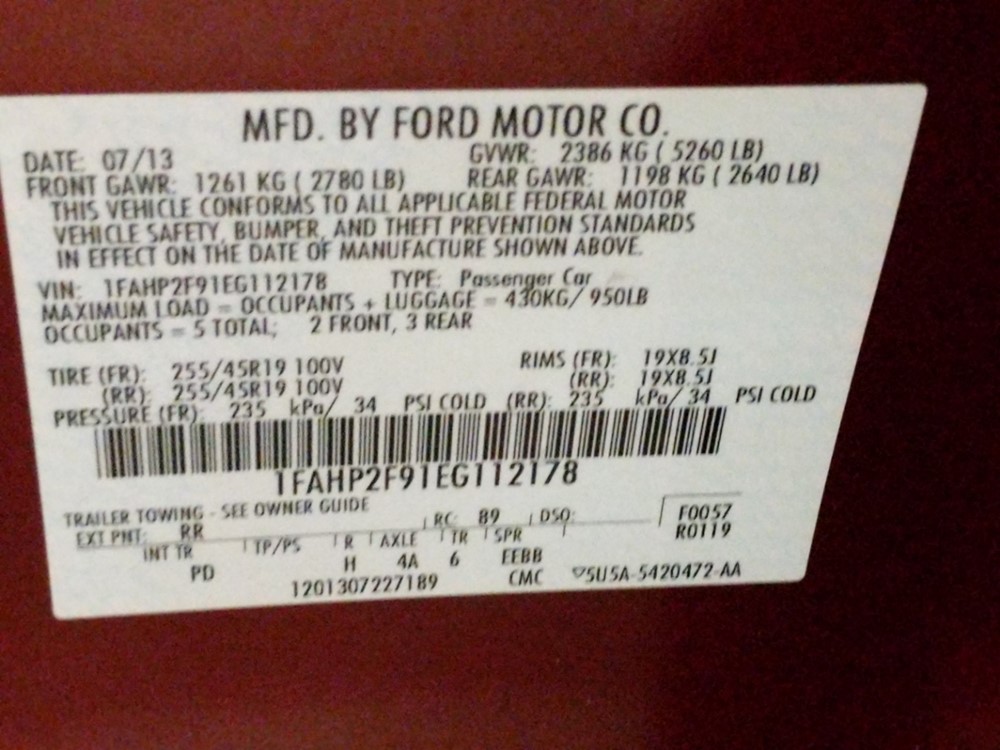 2014 Ford Taurus - VIN Plate