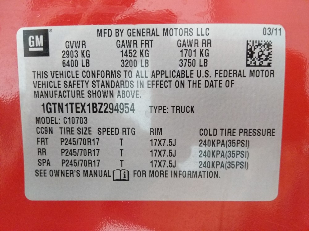 2011 GMC Sierra 1500 - VIN Plate