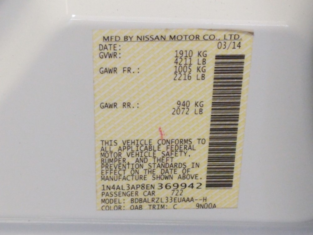 2014 Nissan Altima - VIN Plate
