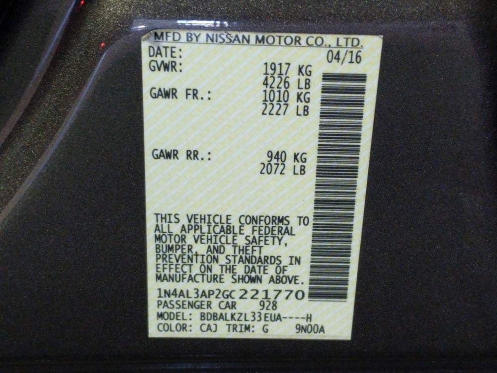 2016 Nissan Altima - VIN Plate