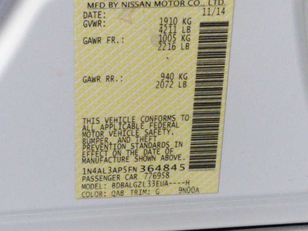 2015 Nissan Altima - VIN Plate