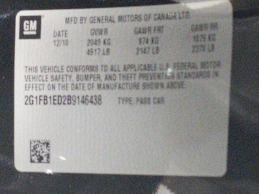 2011 Chevrolet Camaro - VIN Plate