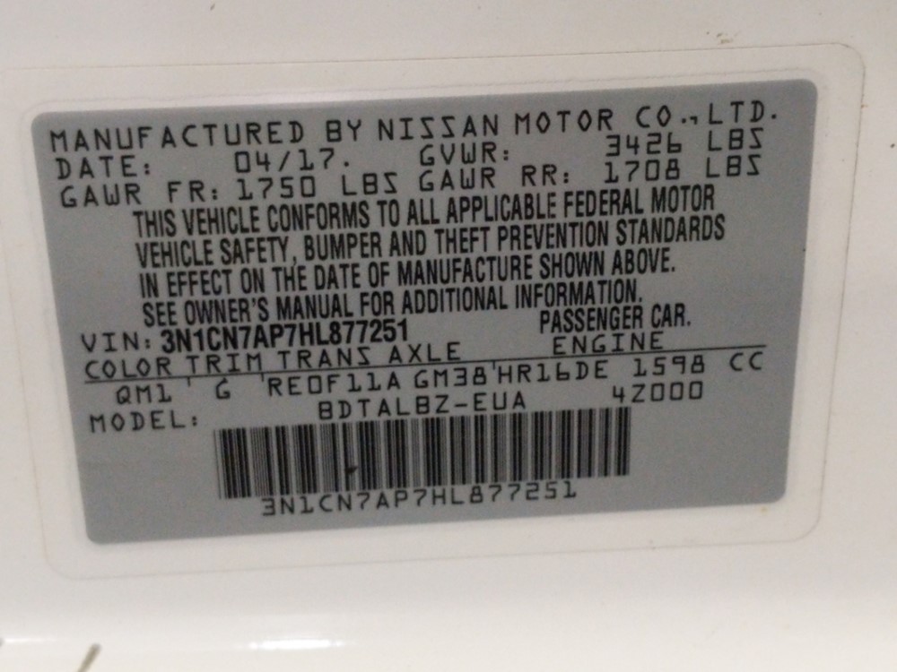 2017 Nissan Versa - VIN Plate