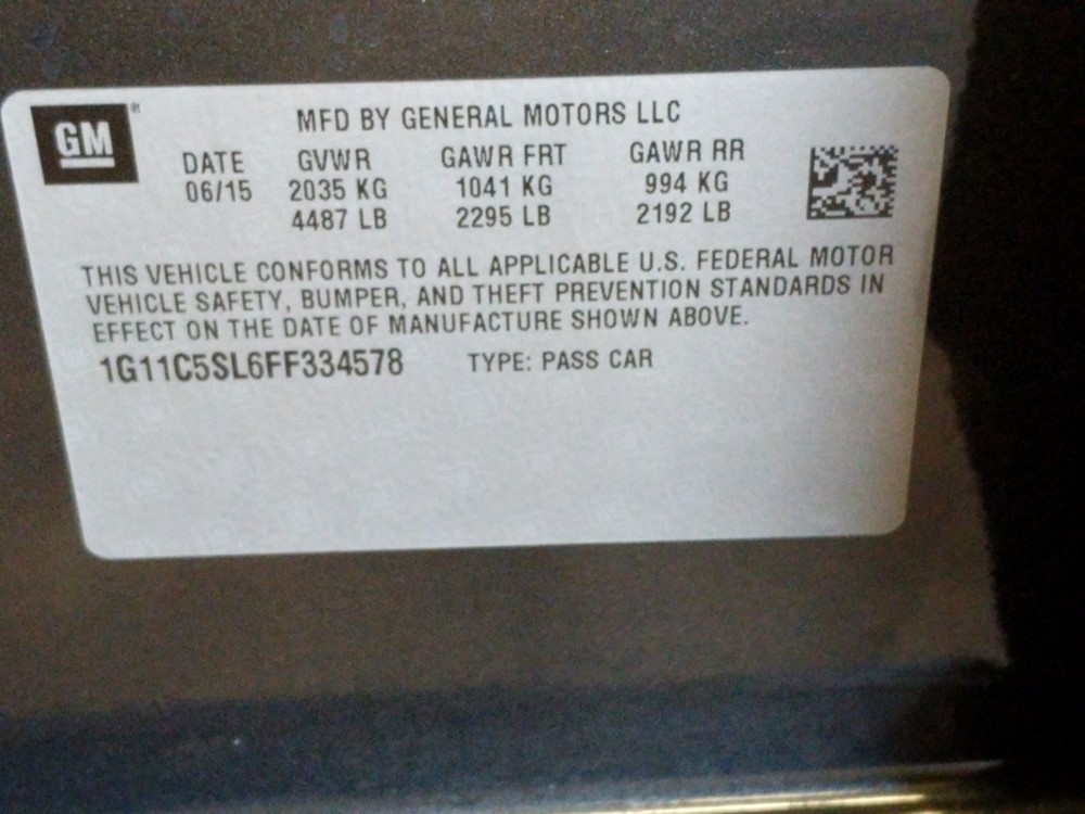 2015 Chevrolet Malibu - VIN Plate