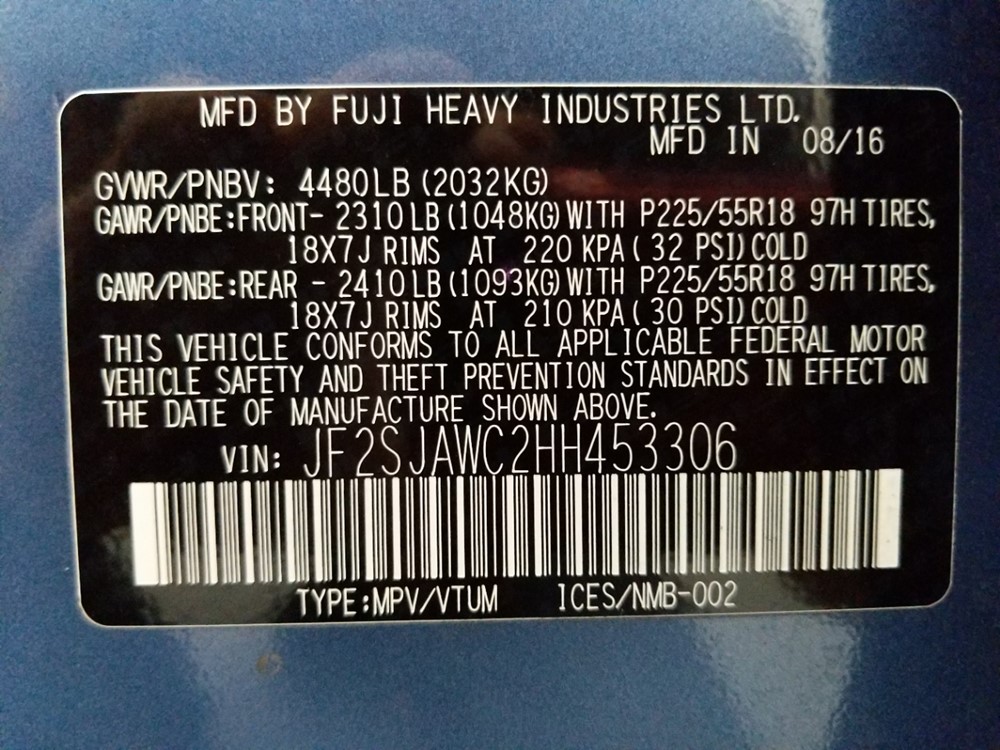 2017 Subaru Forester - VIN Plate