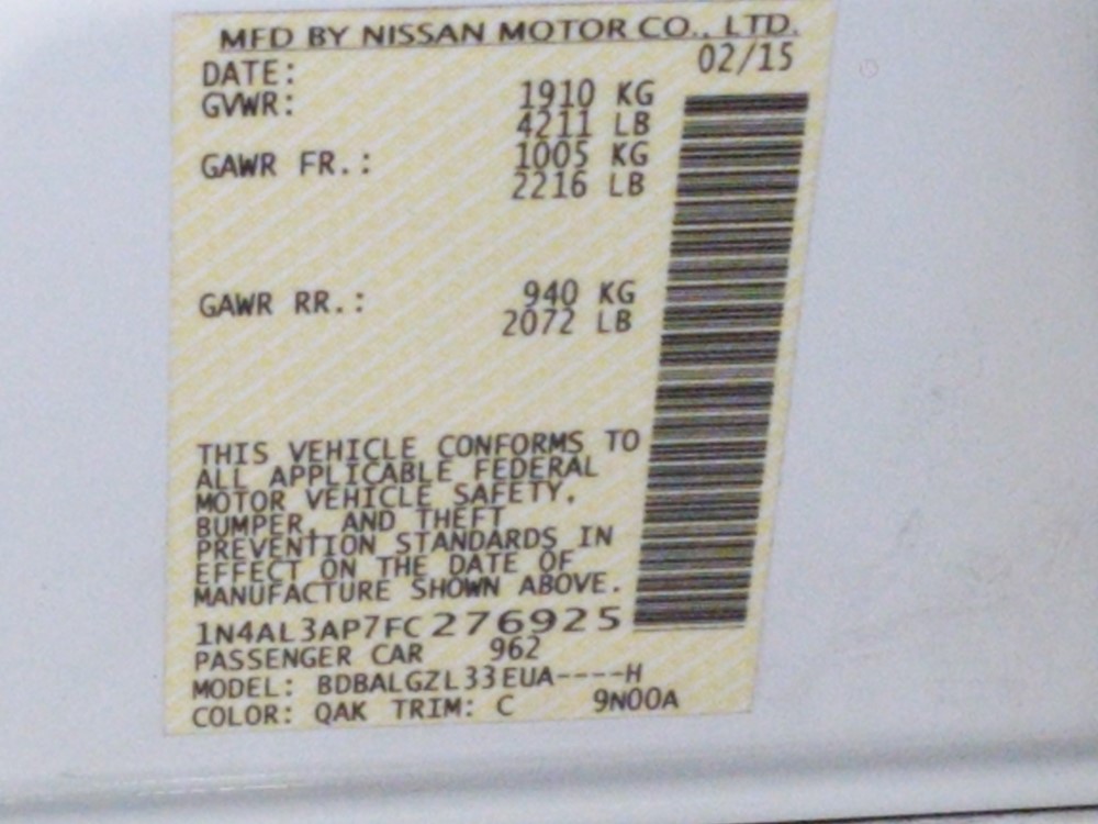 2015 Nissan Altima - VIN Plate