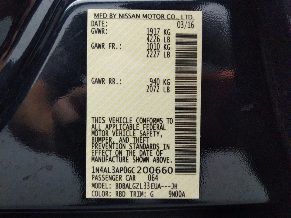 2016 Nissan Altima - VIN Plate