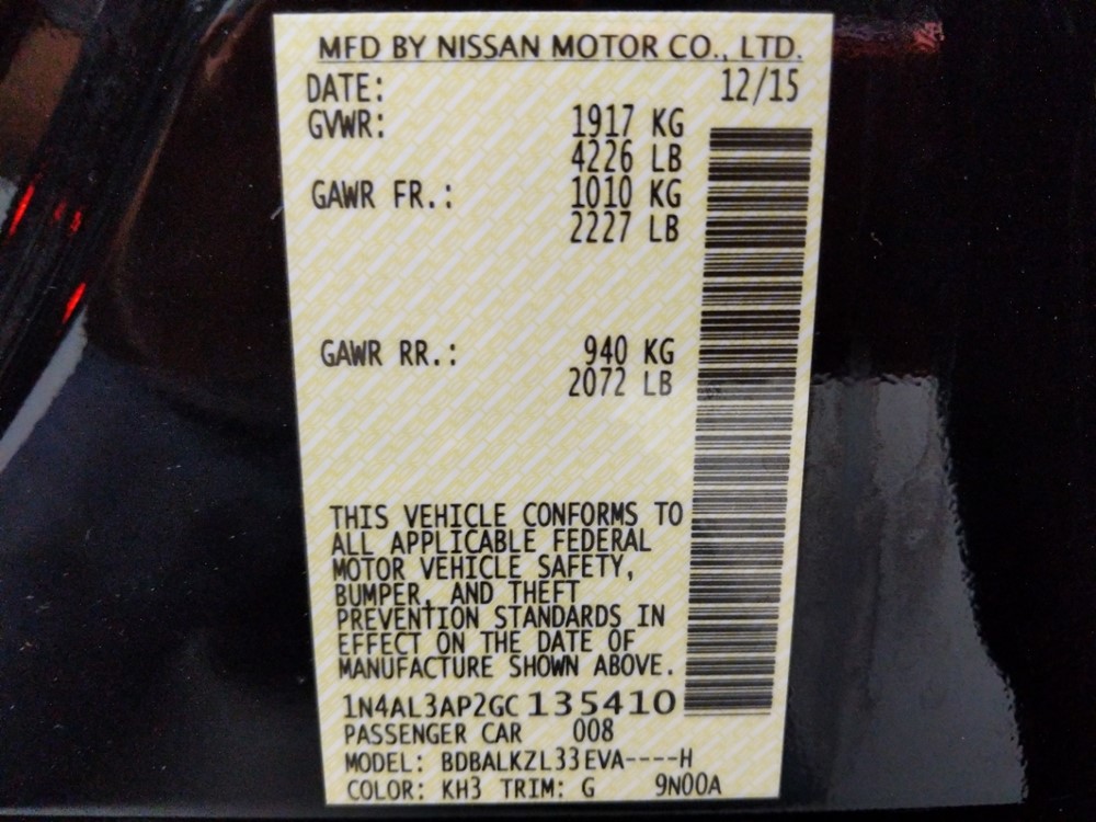 2016 Nissan Altima - VIN Plate
