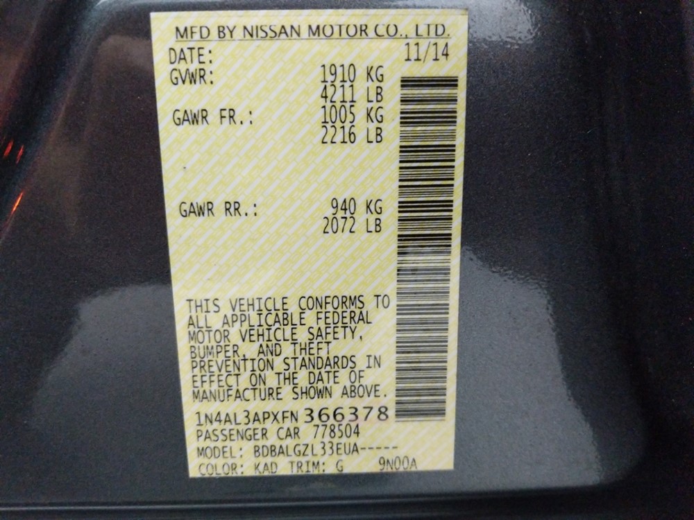 2015 Nissan Altima - VIN Plate