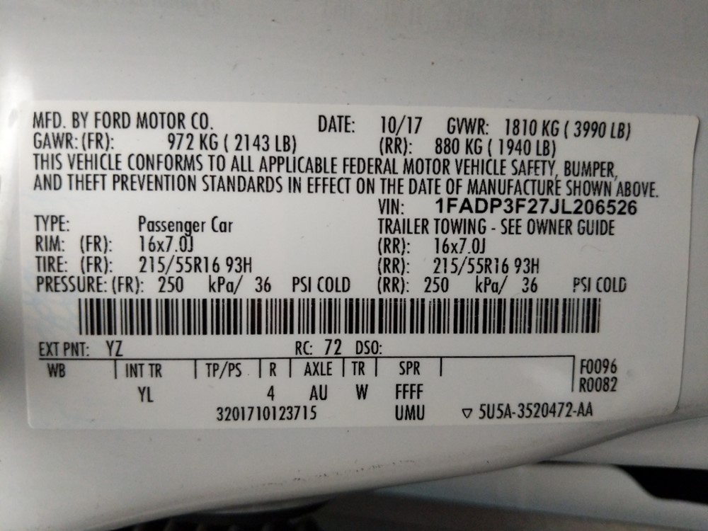 2018 Ford Focus - VIN Plate