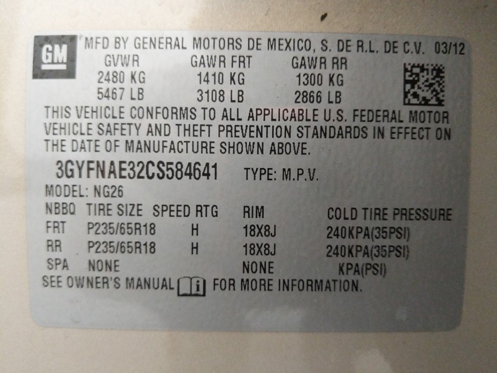 2012 Cadillac SRX - VIN Plate