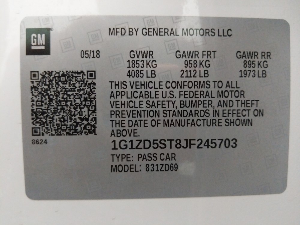 2018 Chevrolet Malibu - VIN Plate