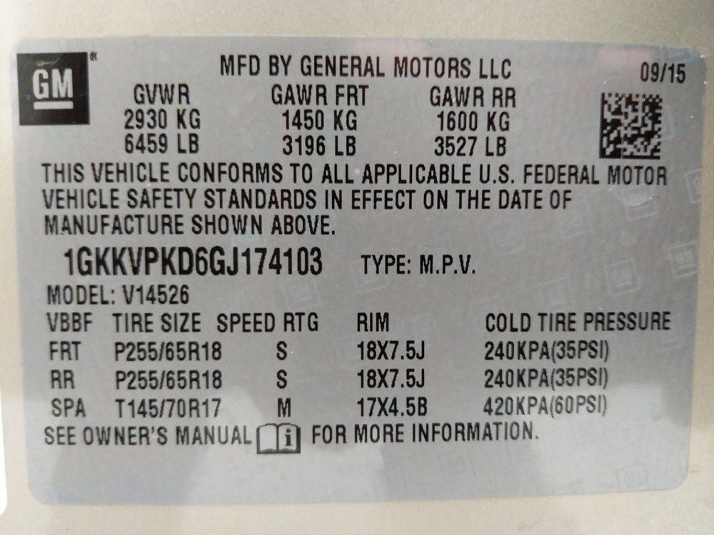 2016 GMC Acadia - VIN Plate