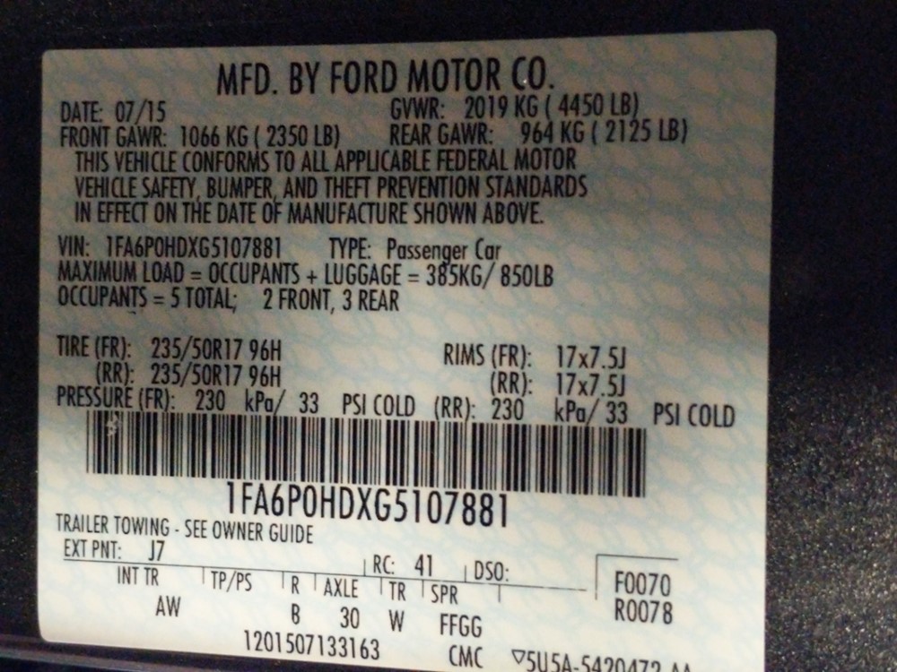 2016 Ford Fusion - VIN Plate