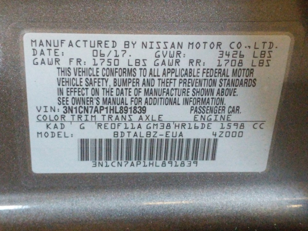 2017 Nissan Versa - VIN Plate