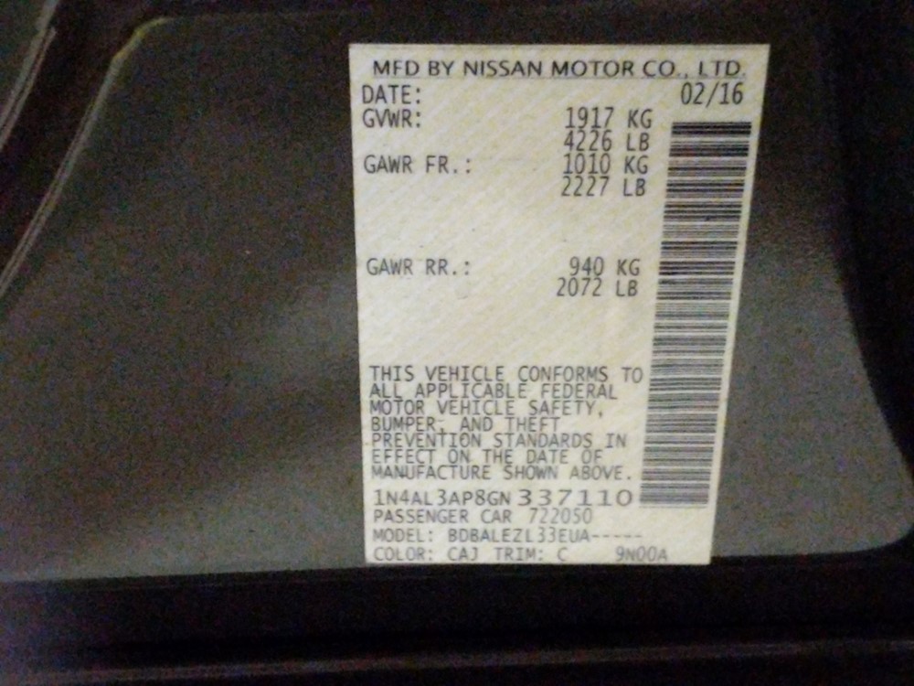 2016 Nissan Altima - VIN Plate