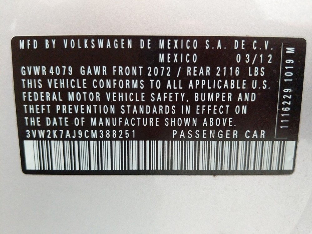2012 Volkswagen Jetta - VIN Plate
