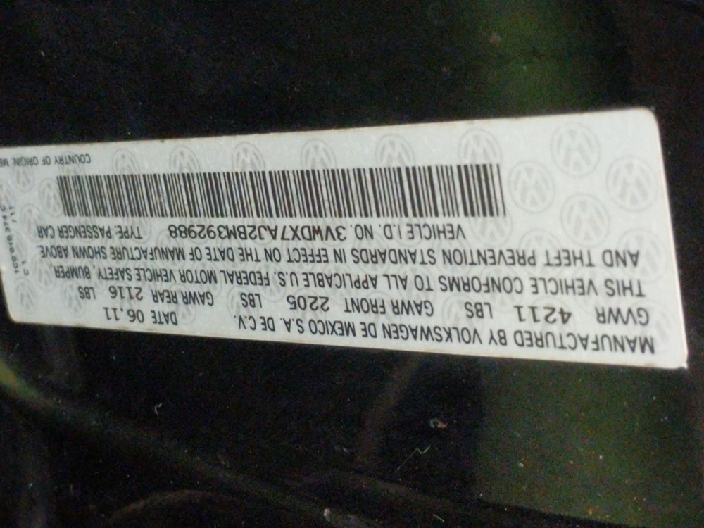 2011 Volkswagen Jetta - VIN Plate