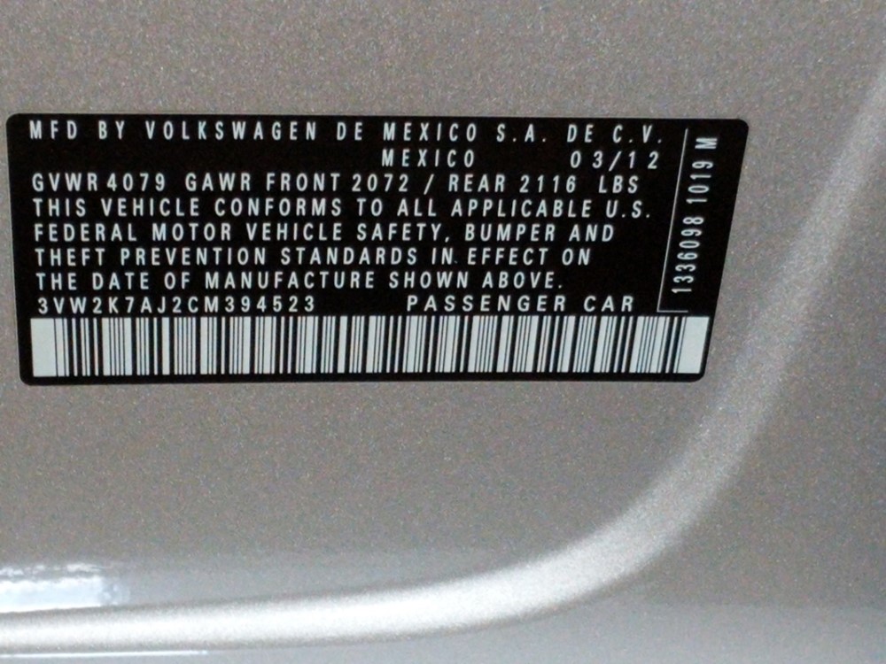 2012 Volkswagen Jetta - VIN Plate