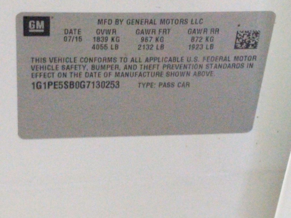 2016 Chevrolet Cruze - VIN Plate