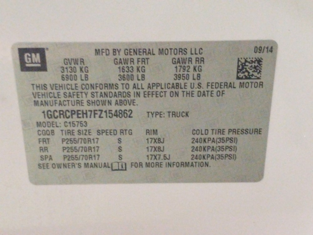 2015 Chevrolet Silverado 1500 - VIN Plate