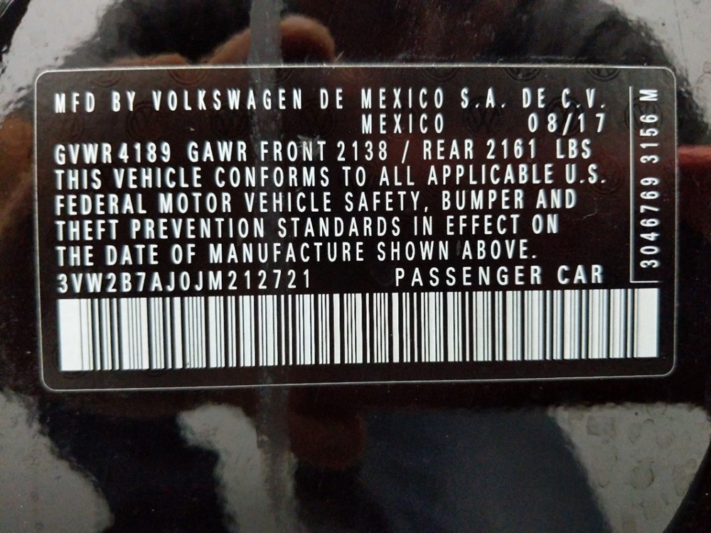2018 Volkswagen Jetta - VIN Plate