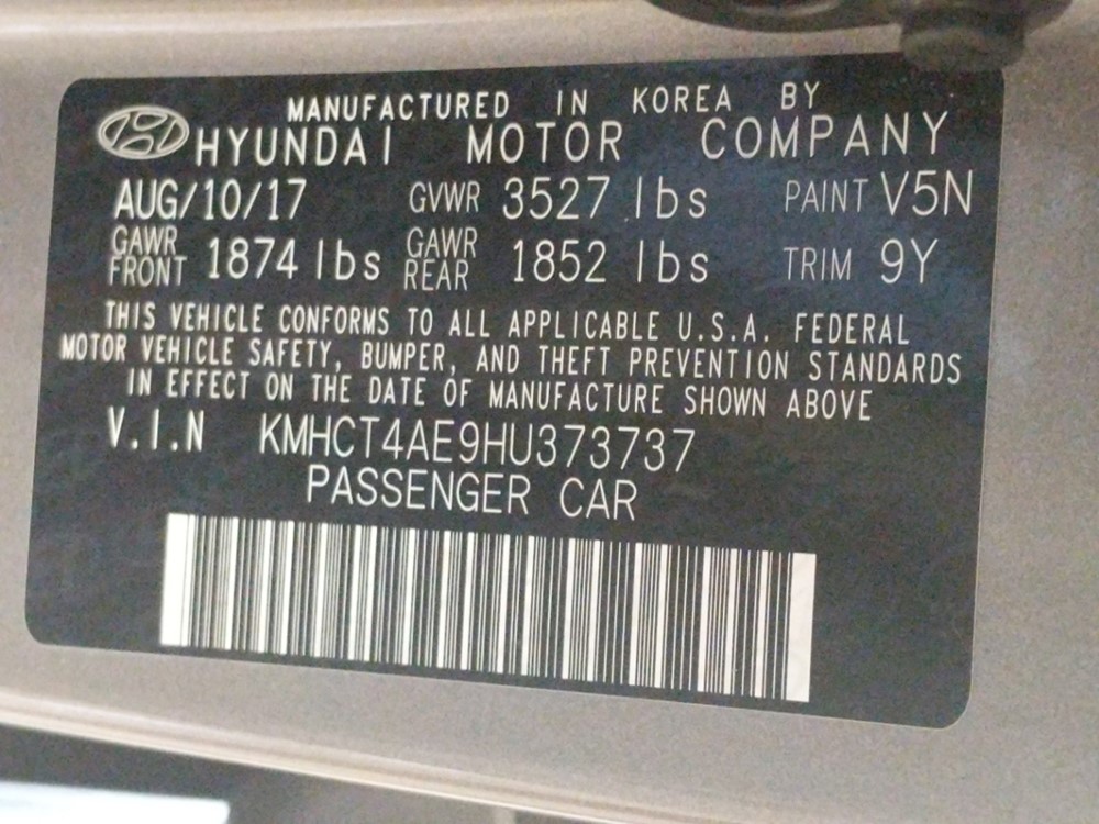 2017 Hyundai Accent - VIN Plate